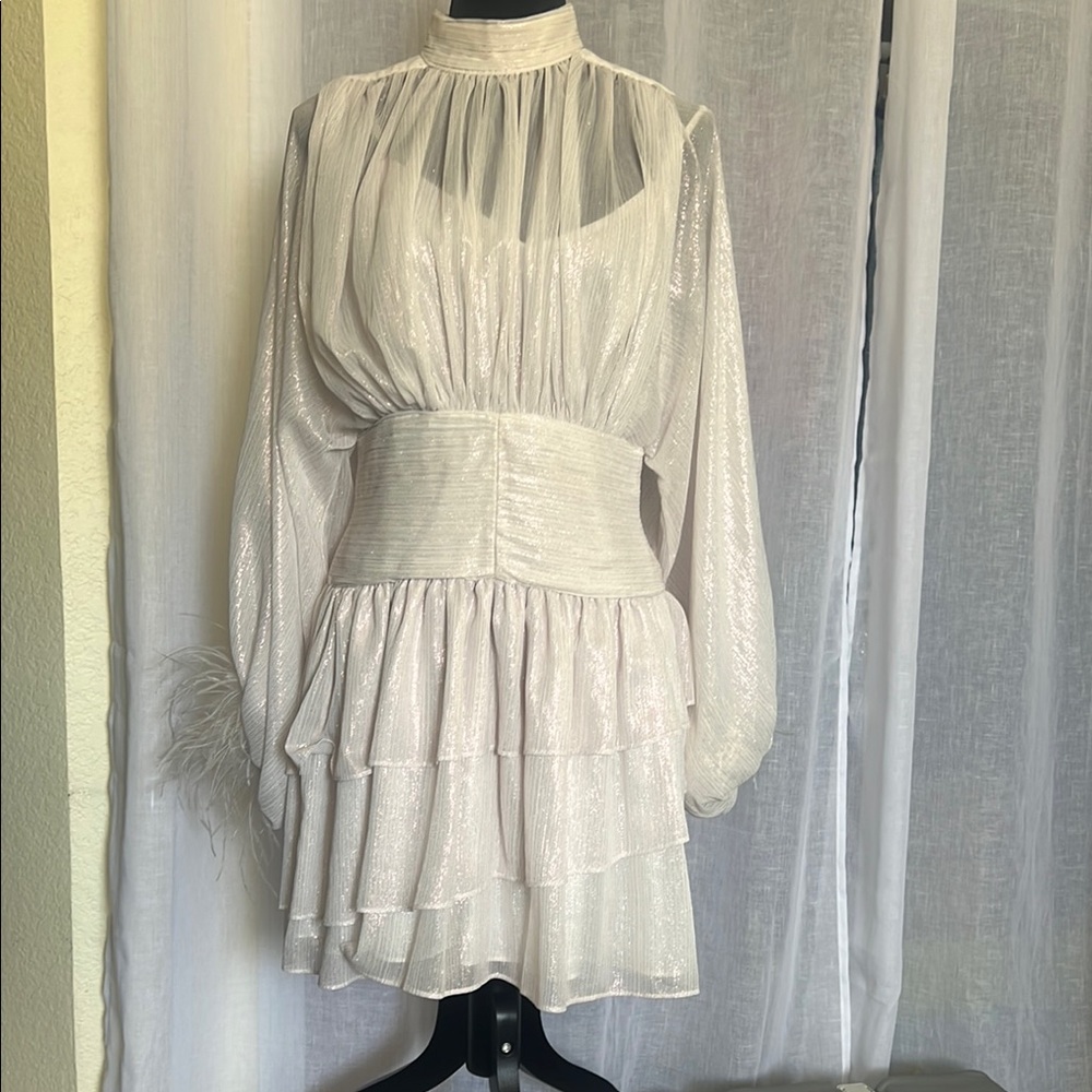White Tiered Long Sleeve Mock Neck Dress for a wedding or formal event